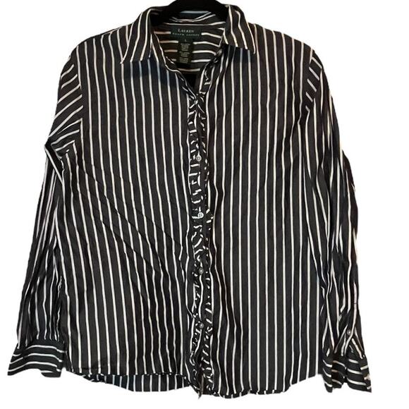 Ralph Lauren Long Sleeve  Gray and White Pinstriped Ruffled Blouse Size Large - Picture 1 of 6